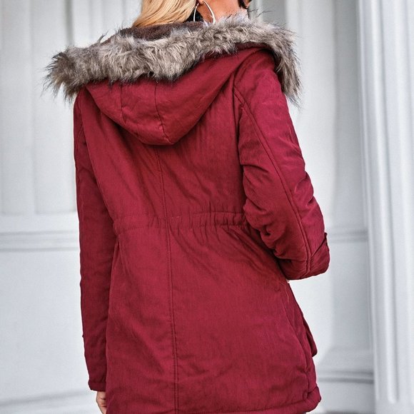 Red Preppy Womens Fuzzy Trim Hooded Drawstring Waist Teddy Lined Parka Coat - Picture 3 of 5